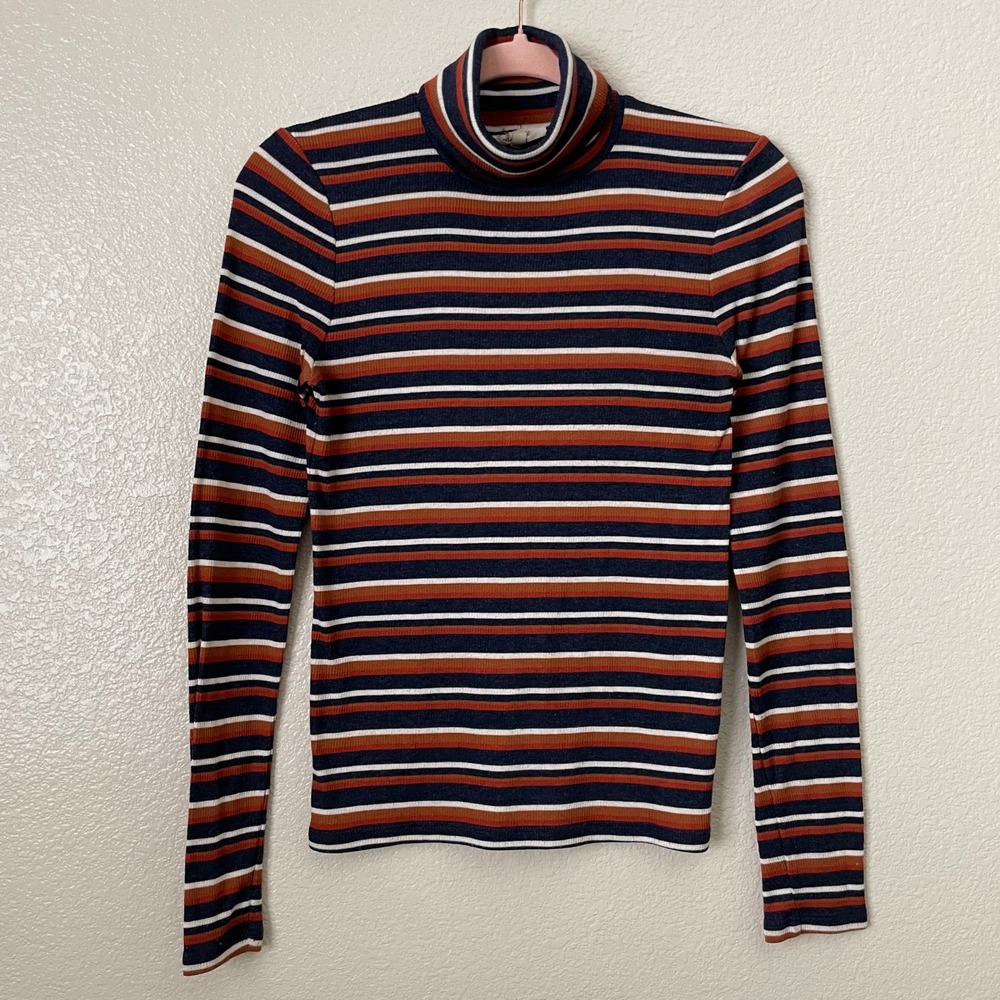 Madewell Top Womens Small Blue Brown Ribbed Striped Turtleneck Long Sleeve Shirt - Picture 4 of 12